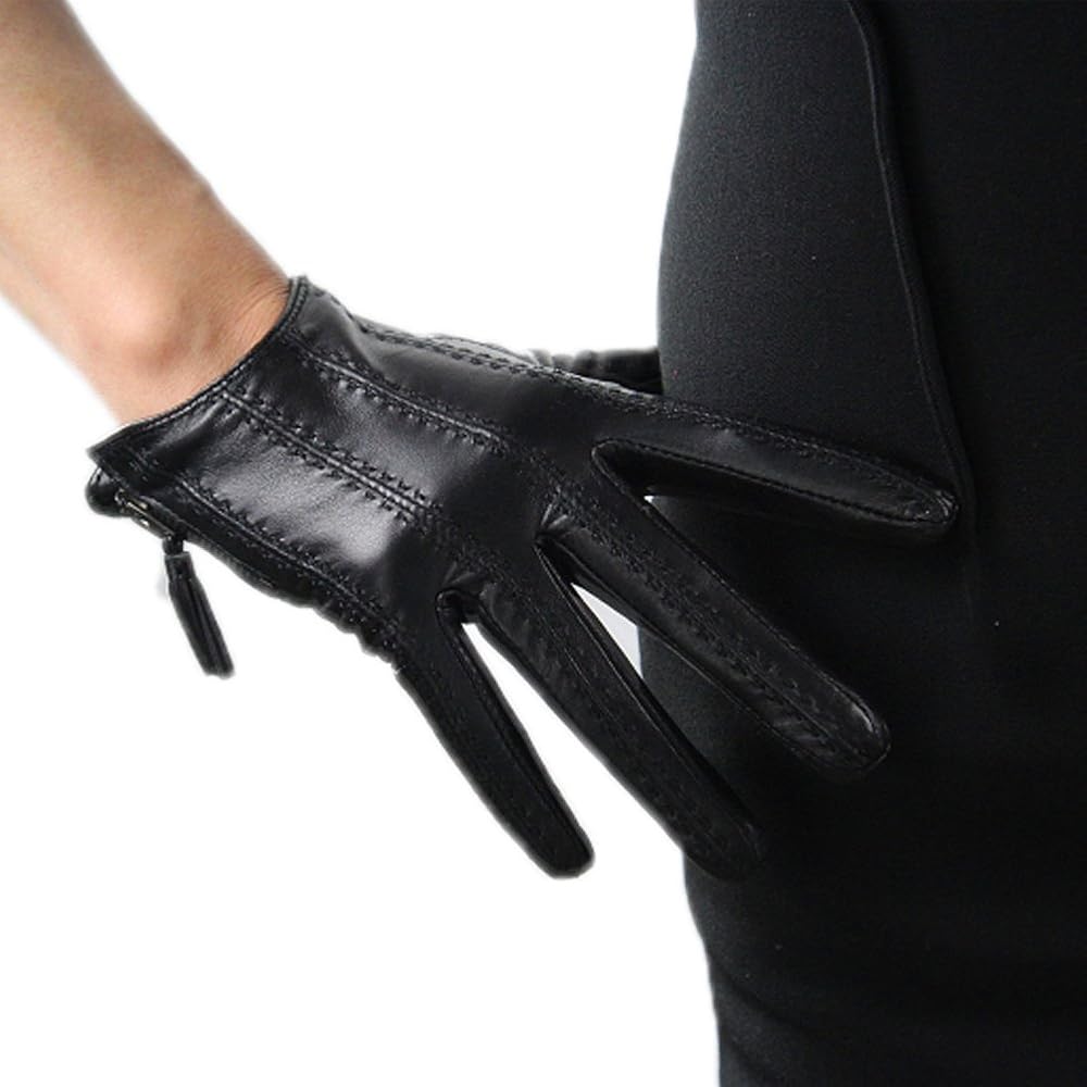 Women Gloves Real Leather Black Wrist Short Zipper Fringe